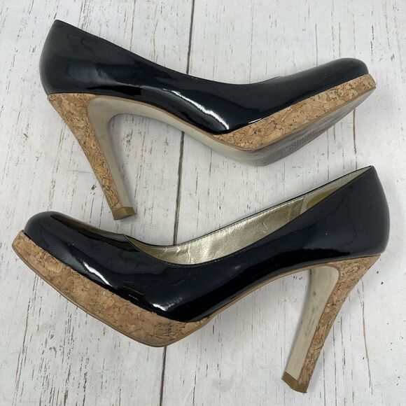 Jessica Simpson Leather Pumps Size 8.5 Black Cork High Heel Made In Brazil - Picture 7 of 12